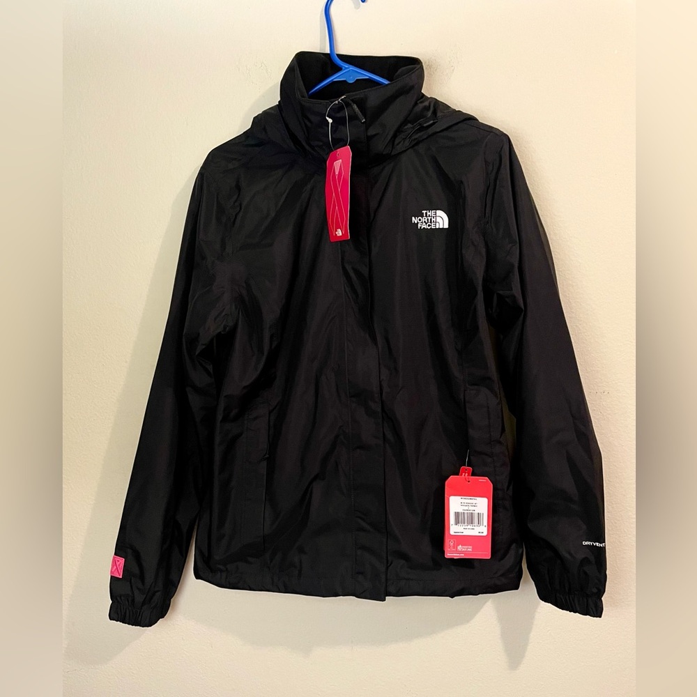 BRAND NEW The North Face Pink Ribbon Black Resolve Rain Jacket Size L Women